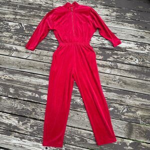 1970s Vtg Disco Catsuit Jumpsuit Women Medium Red Velvet Playsuit 80s Party Glam
